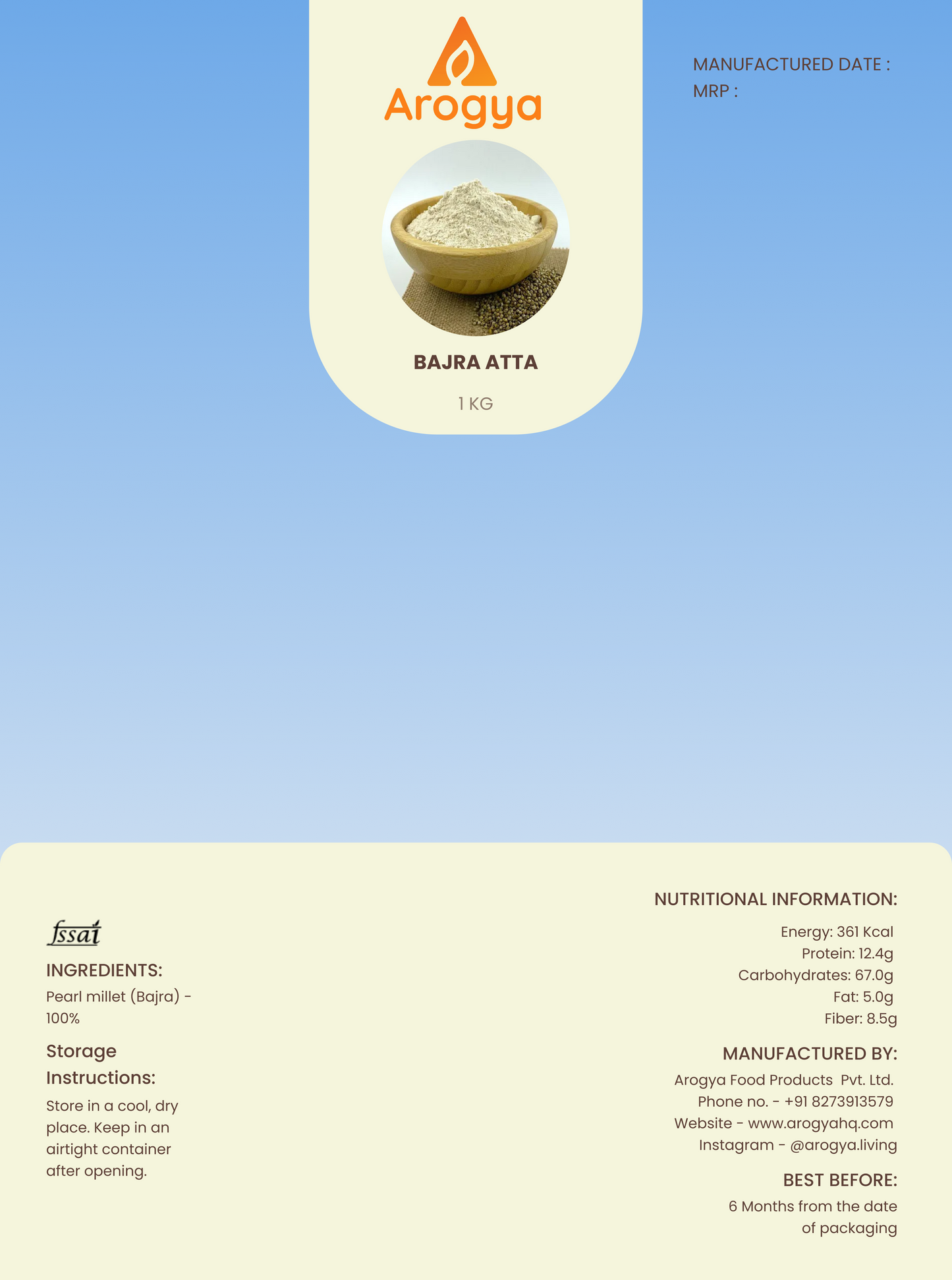 Arogya Bajra Atta – 100% Natural Pearl Millet Flour, Rich in Iron & Fiber