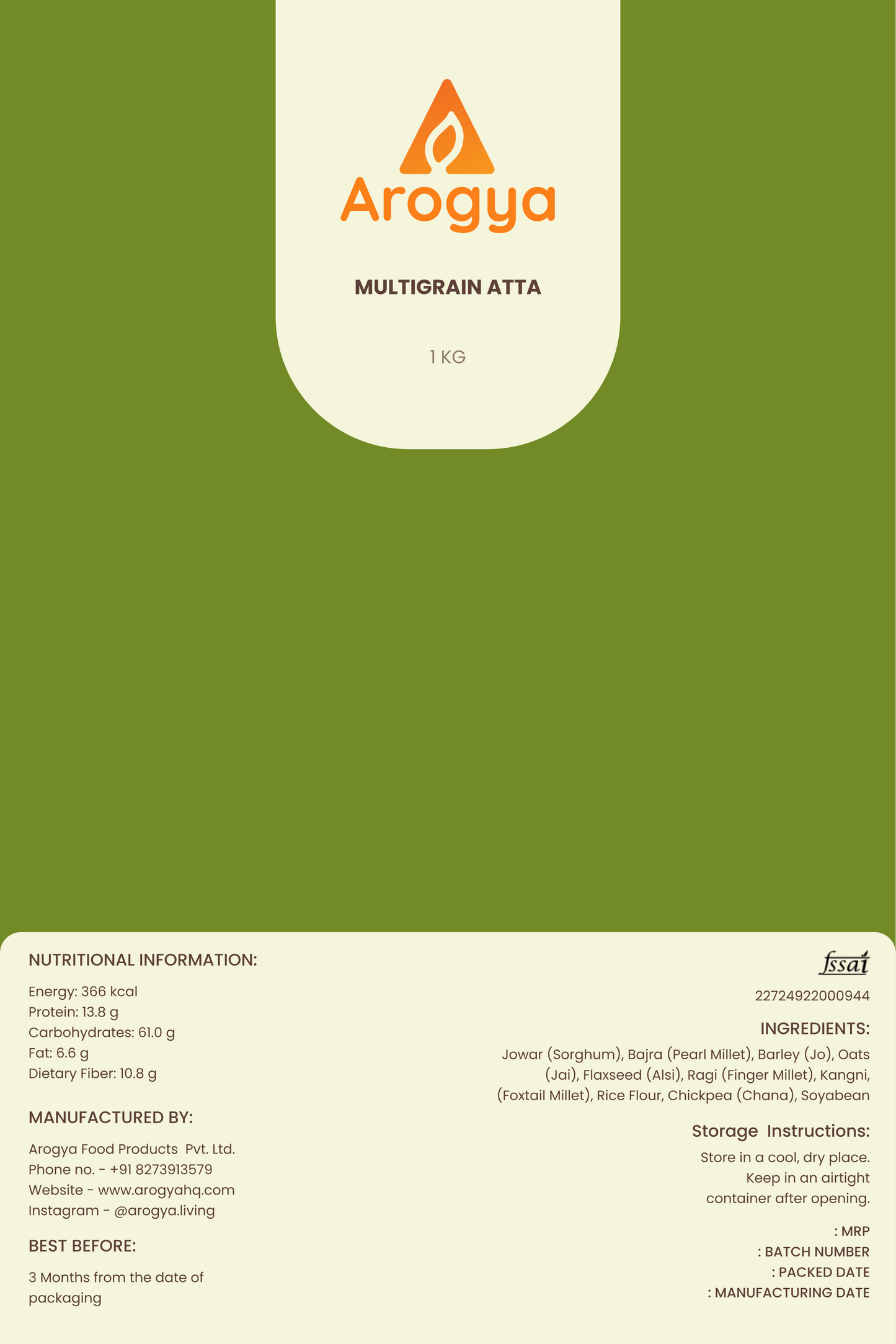 Multigrain Atta - 100% Wheat-Free (1kg) | 10 Grain Flour | High Protein & Fiber